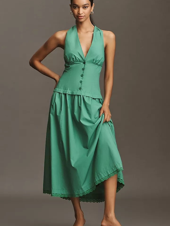 Sleeveless Teal Button-Front Midi Dress